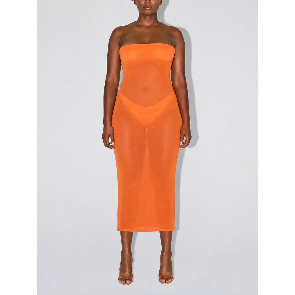 Khy Mesh Tube‎ Midi Dress M Orange Strapless Sheer Swim Coverup Cocktail Resort